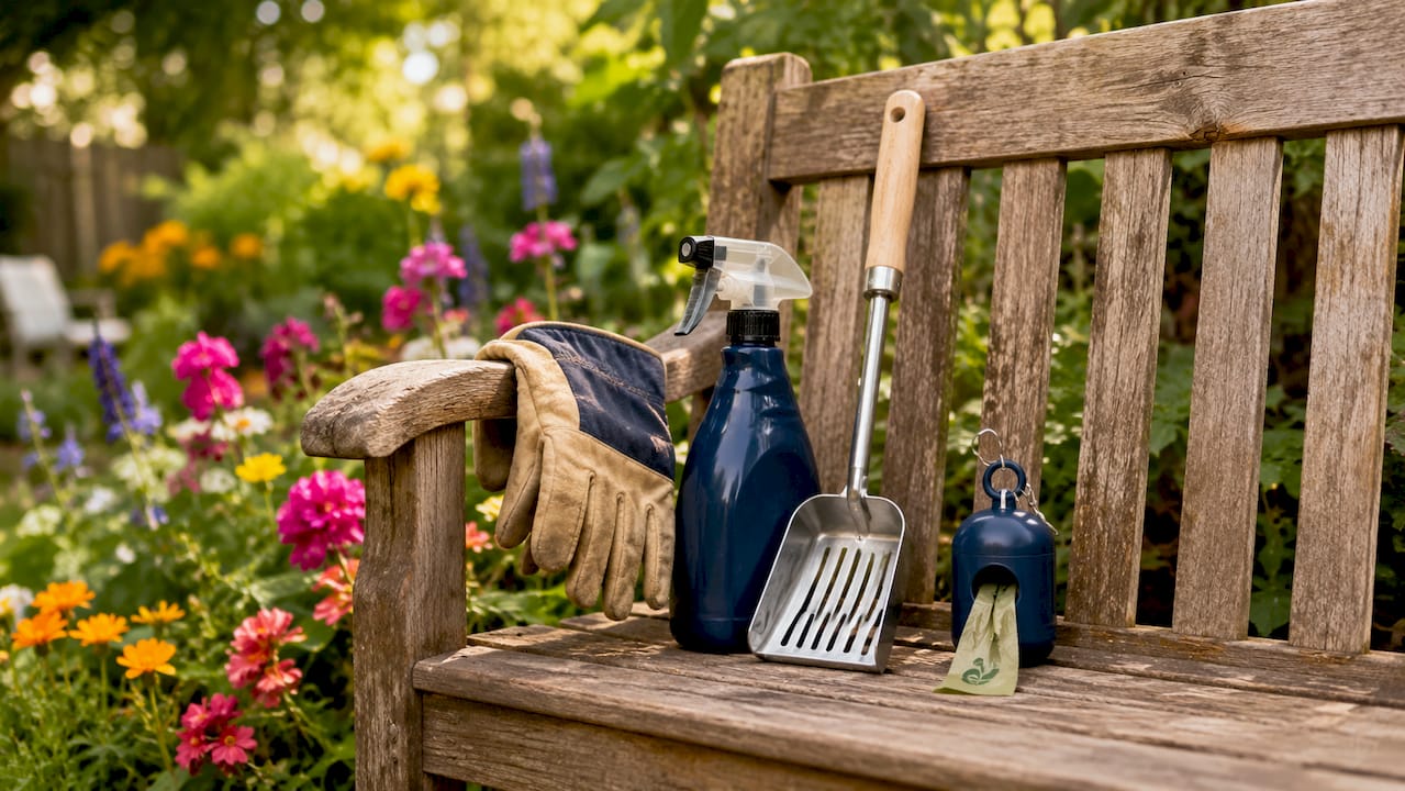 Pet-safe backyard cleaning tools on outdoor table