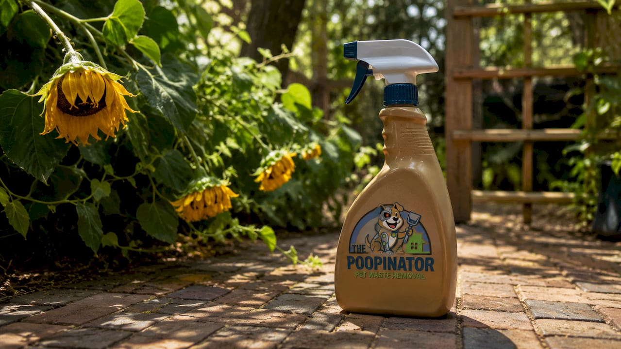 Bio-enzymatic deodorizer spray bottle and garden scene