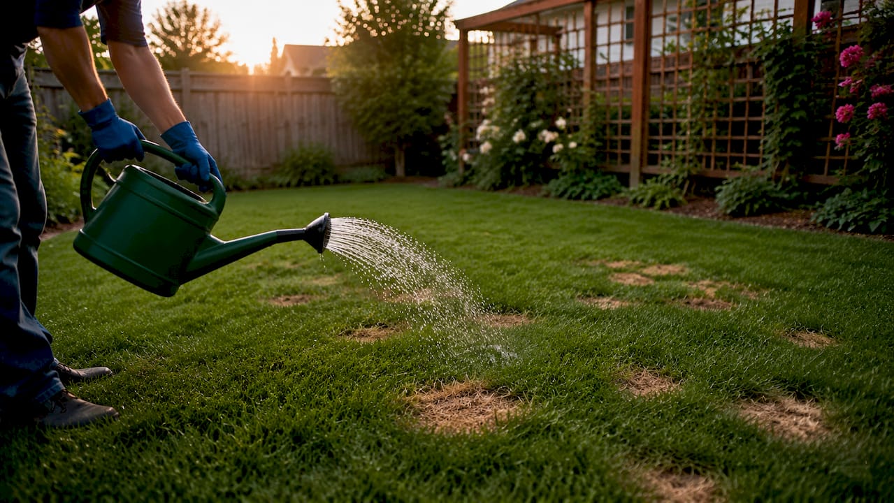 Close-up of lawn dead patches and watering hand