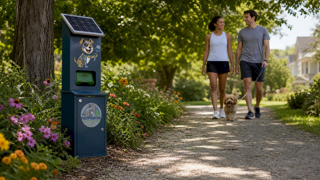 Dog waste station on pathway with couple and dog walking