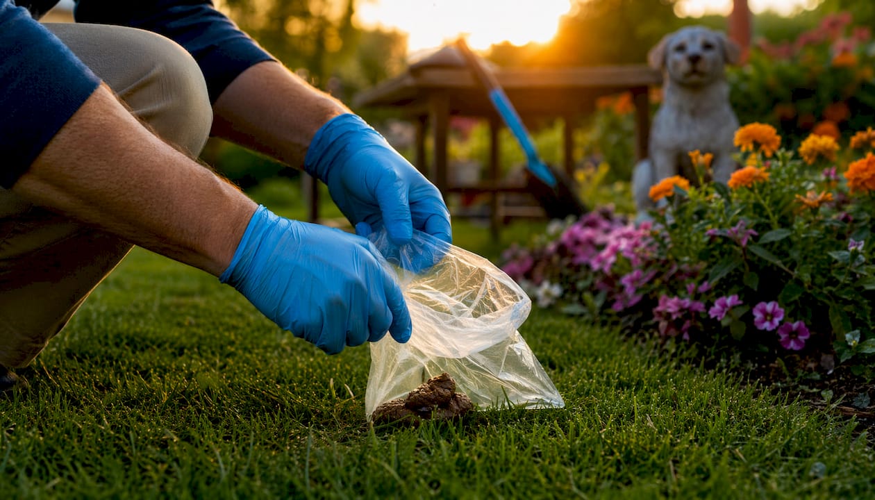 Gloved hands picking up dog waste
