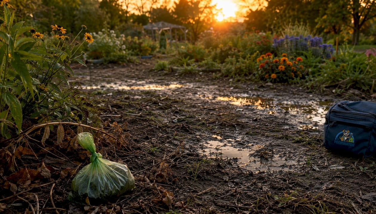 Polluted park ground with pet waste bag and damaged grass
