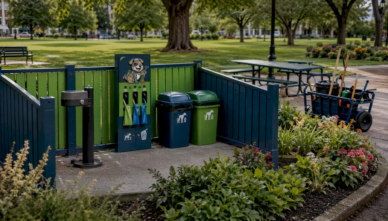 Outdoor pet relief zone with waste stations at event
