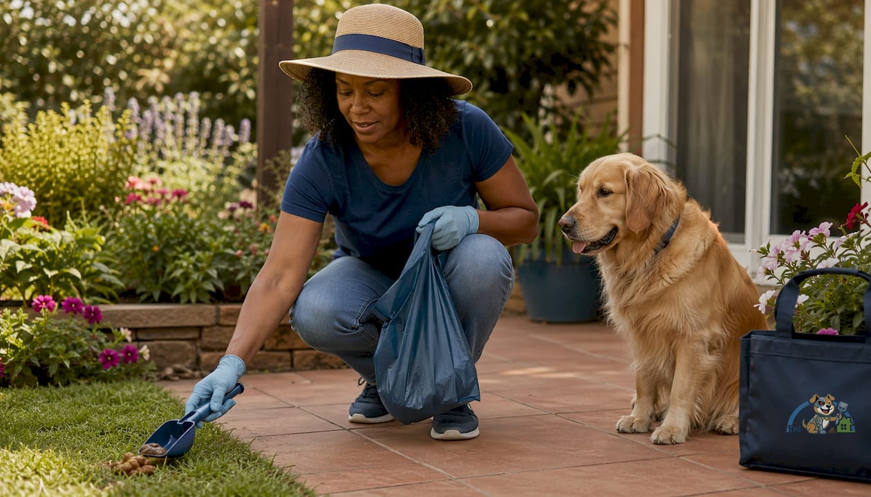 Woman scooping dog waste in sunny backyard