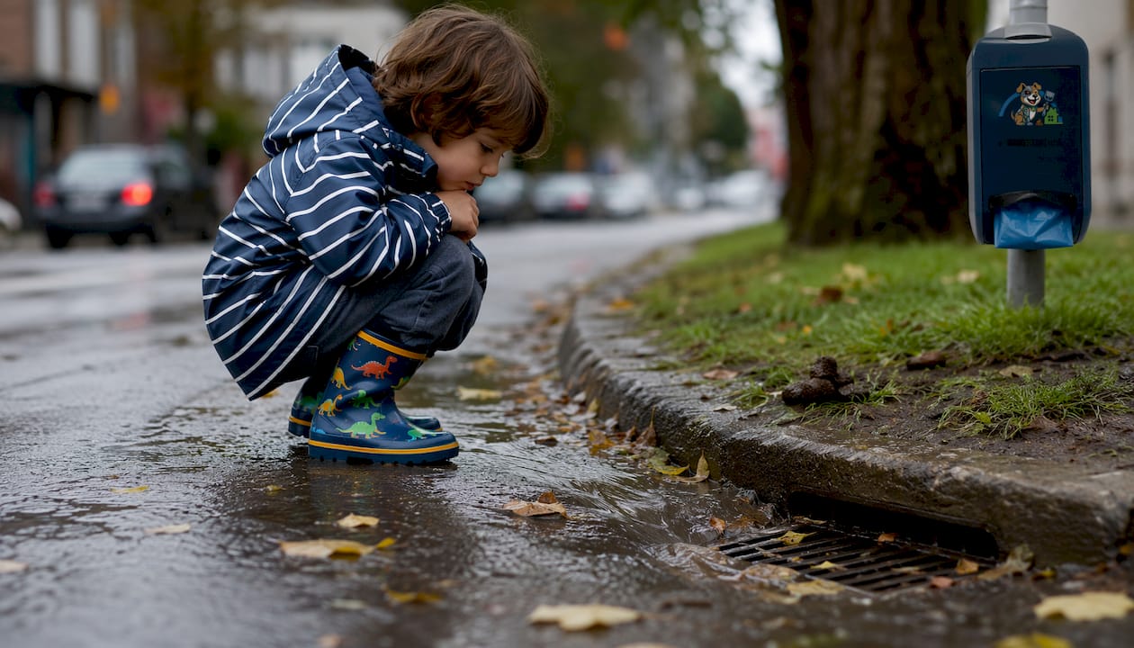 Storm drain with runoff and pet waste contamination