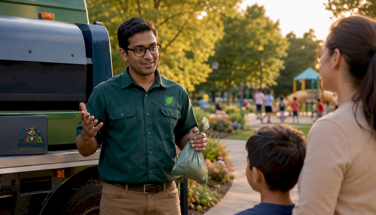 Man with eco-friendly dog waste service truck