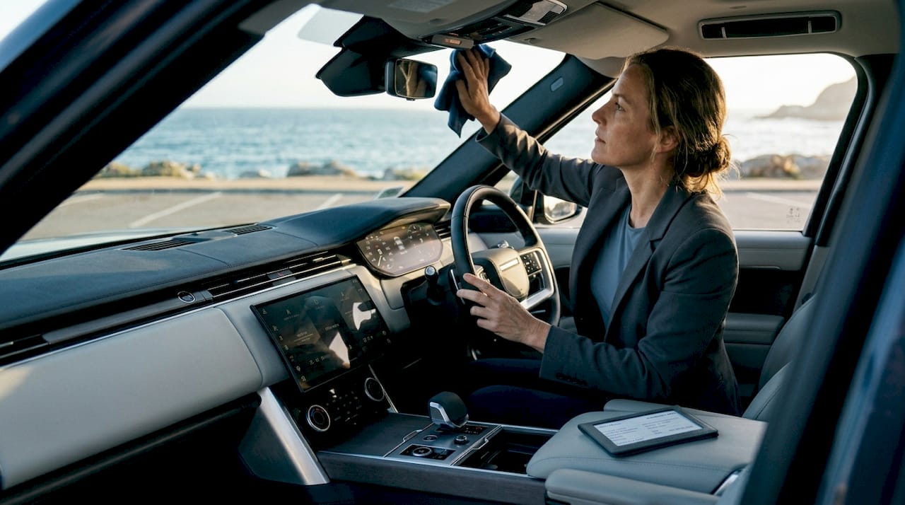 SUV windshield cleaning with sunlit dashboard