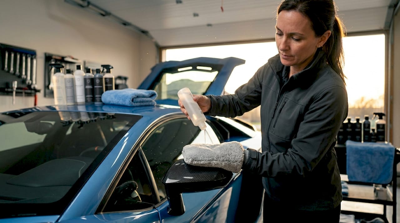 Detailer prepares carbon fiber mirror cleaning