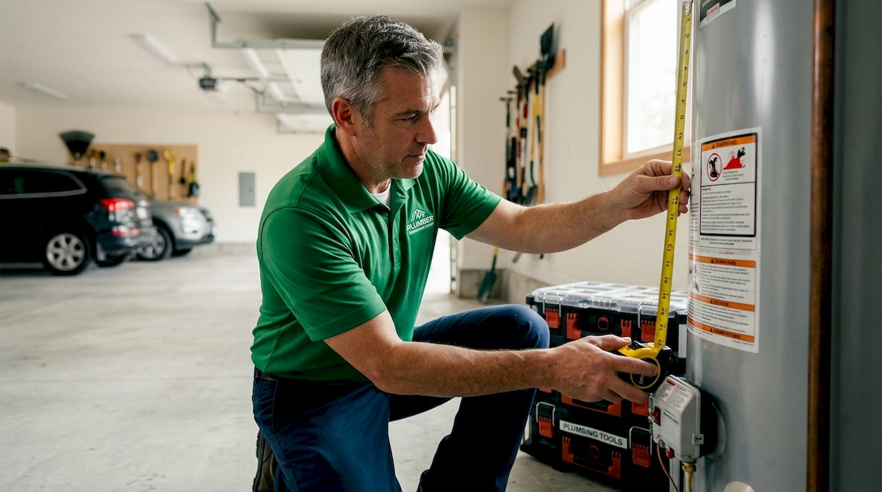 Plumber measuring space for water heater