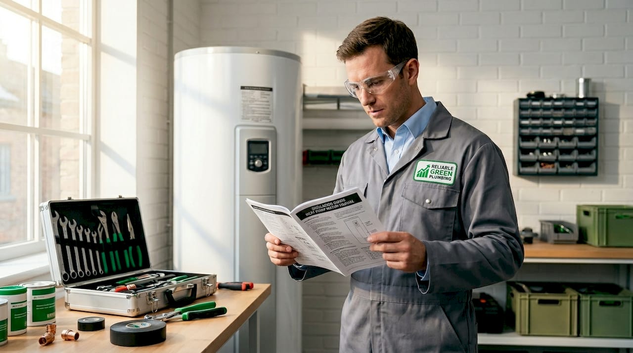 Plumber installing heat pump water heater