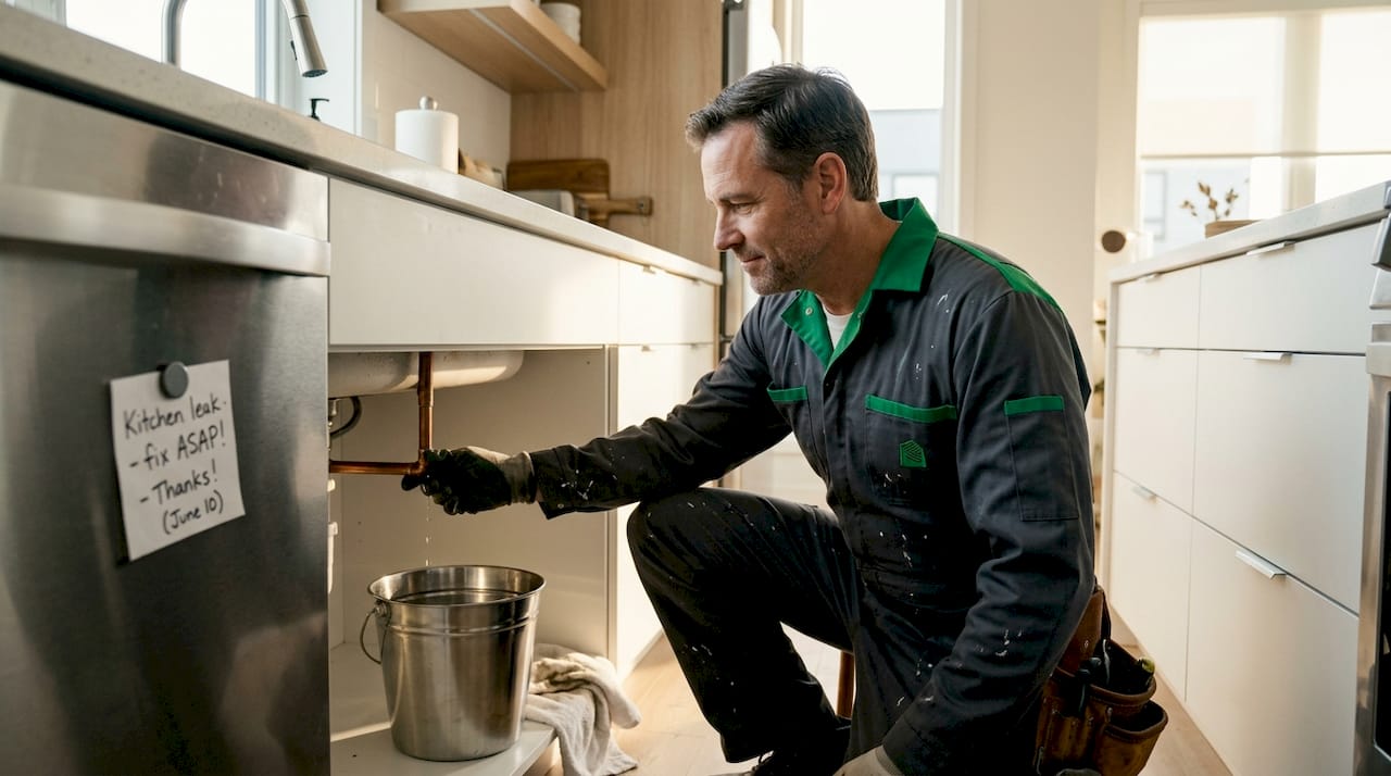 Plumber examining contained leak under sink