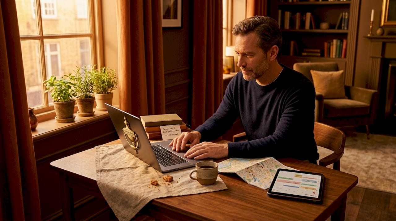Man researching cultural workshops at kitchen table