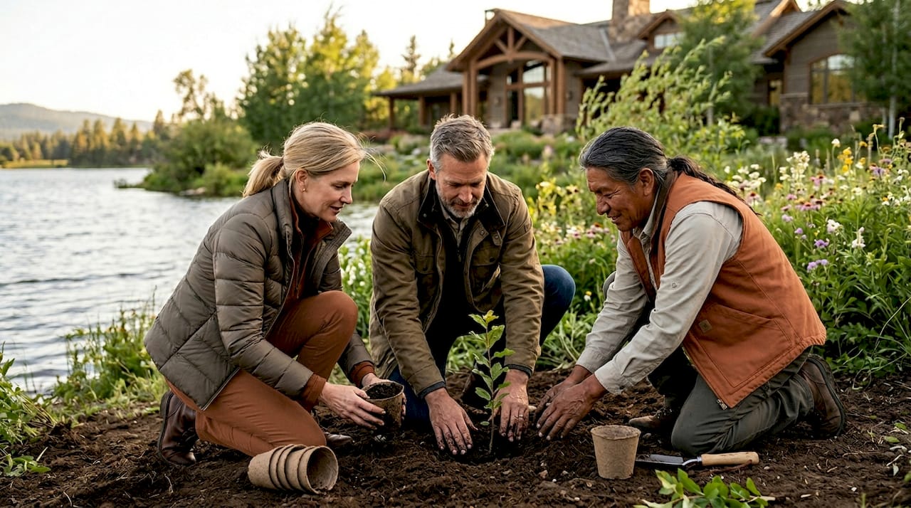 Guests plant saplings with conservationist by lodge