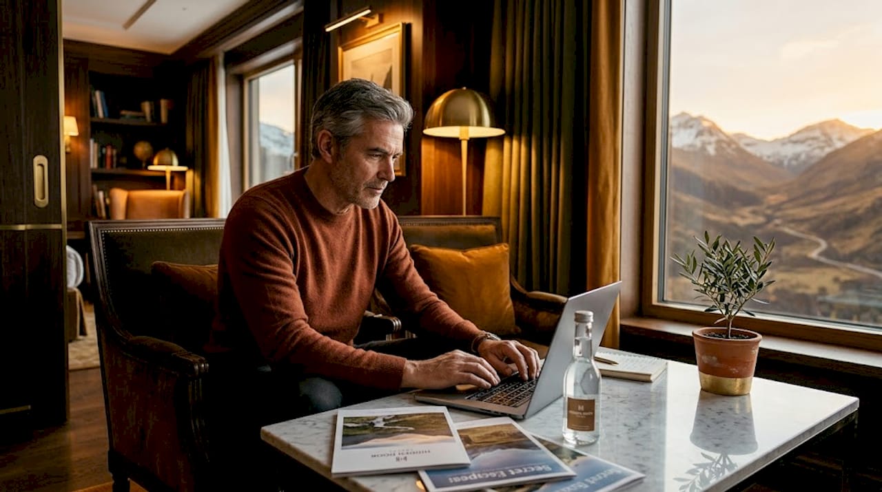 Hotel guest reviewing carbon impact chart