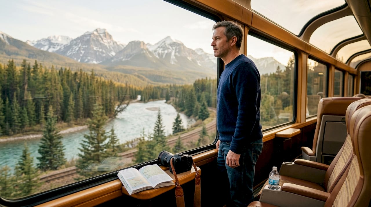 Passenger viewing Rockies from train window