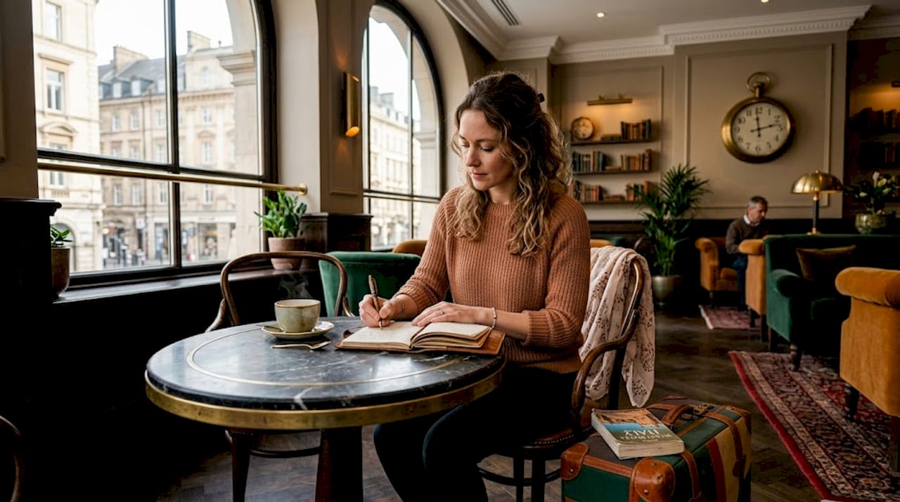 Traveler writing in journal at boutique hotel table