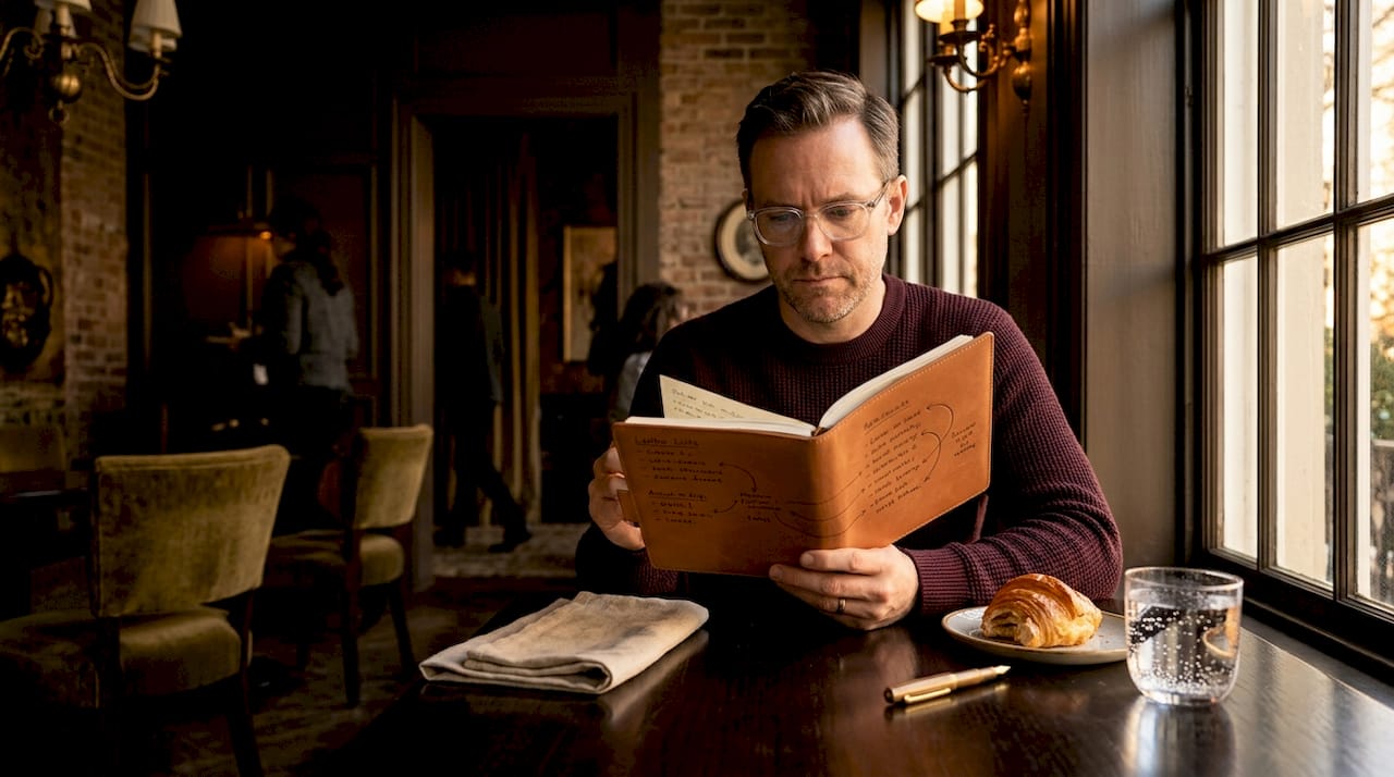 Traveler reviewing itinerary notes in café