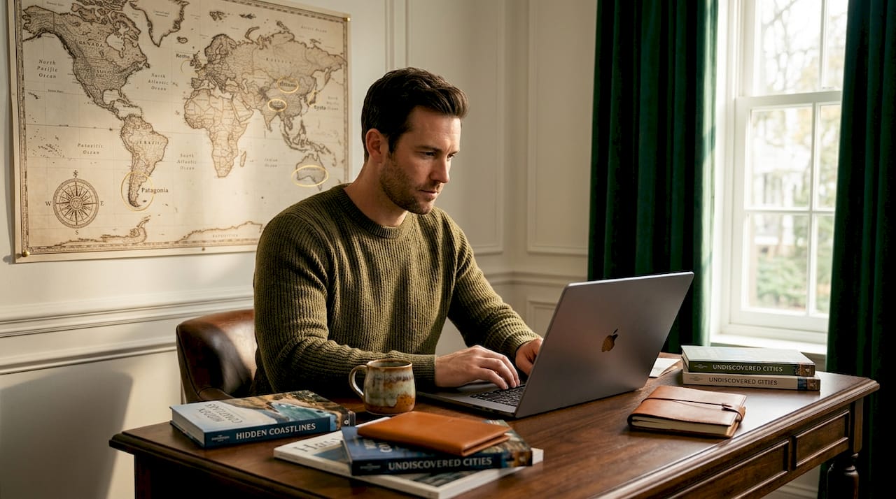 Man planning travel at home desk
