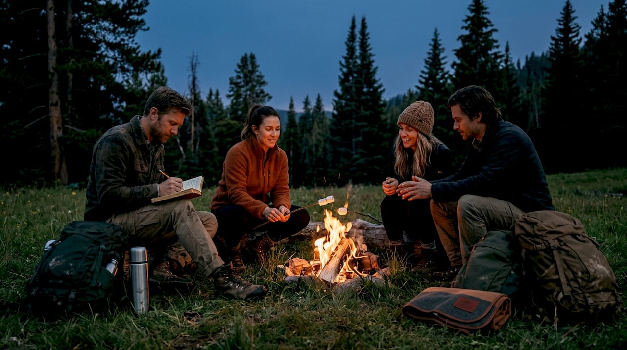 Travelers campfire scene in woodland clearing