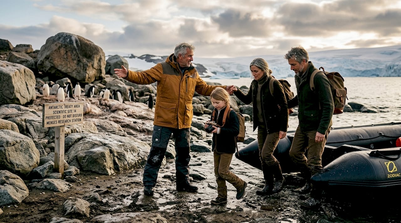 Guide assisting family during Antarctic Zodiac landing