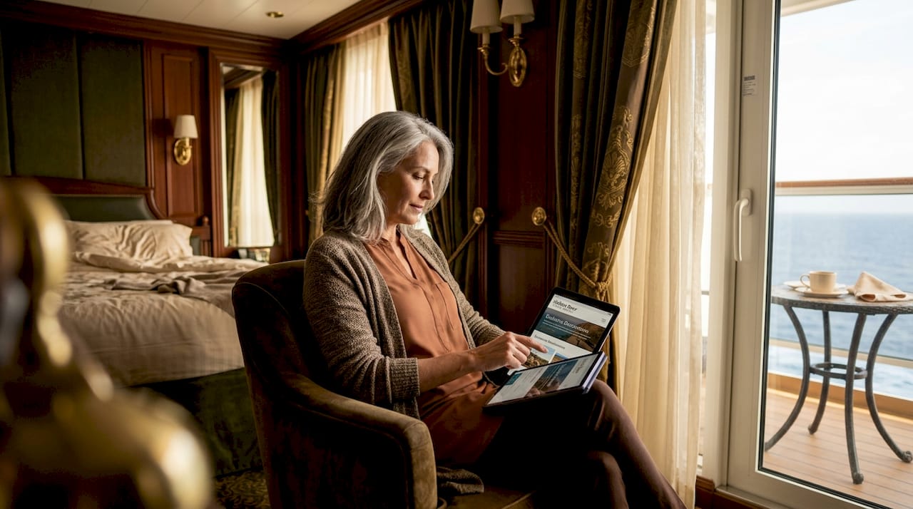 Woman in cruise cabin reviewing amenities