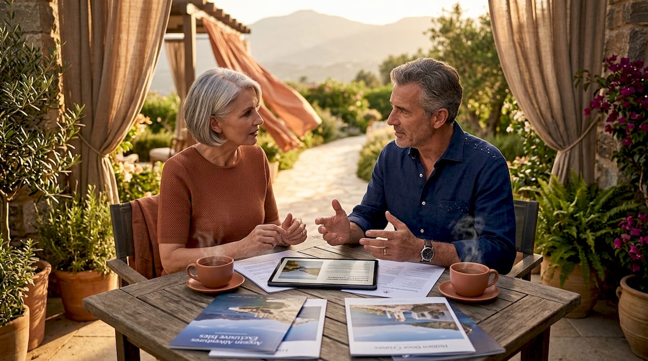 Couple comparing luxury cruise inclusions