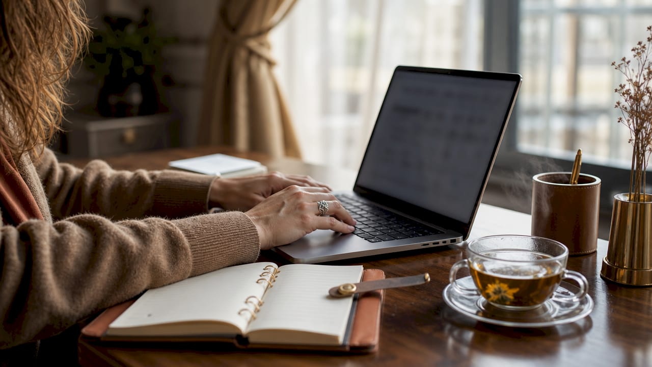 Hands typing on laptop tracking luxury expenses