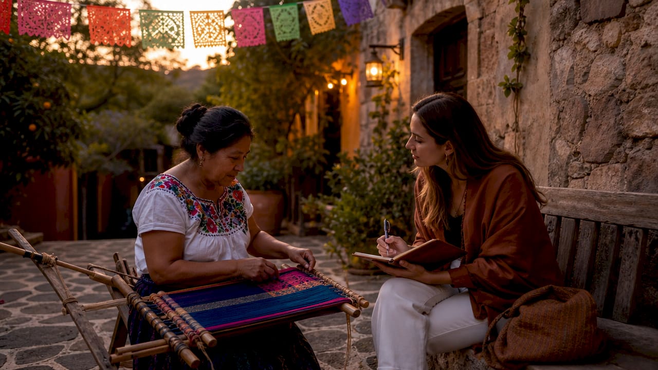Artisan weaving with travel guide in Oaxaca