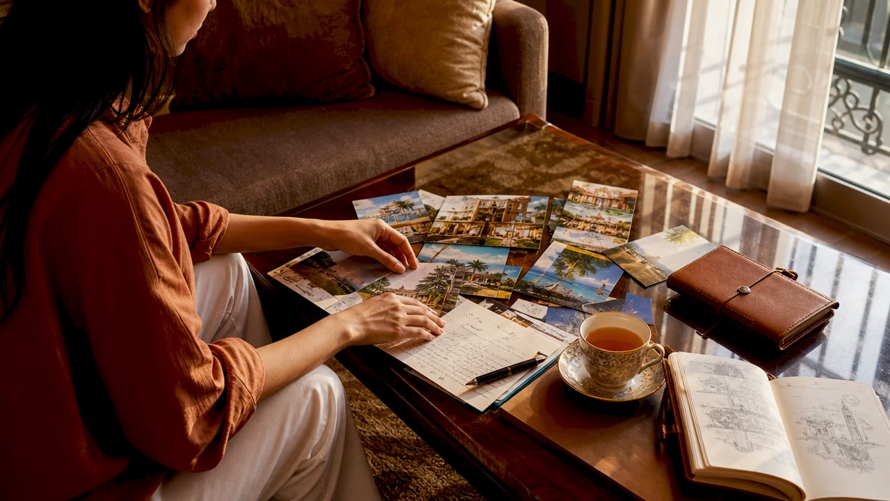 Hands sorting travel brochures to ease anxiety