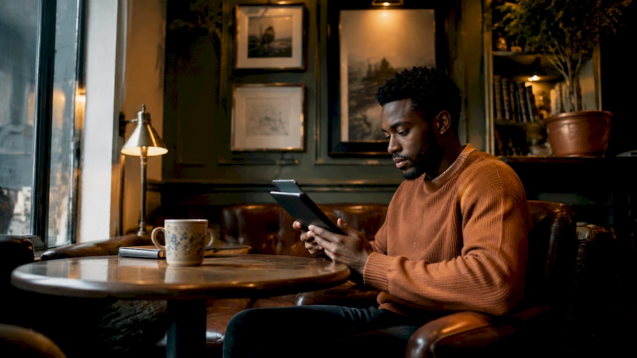 Traveler using tablet to plan trip