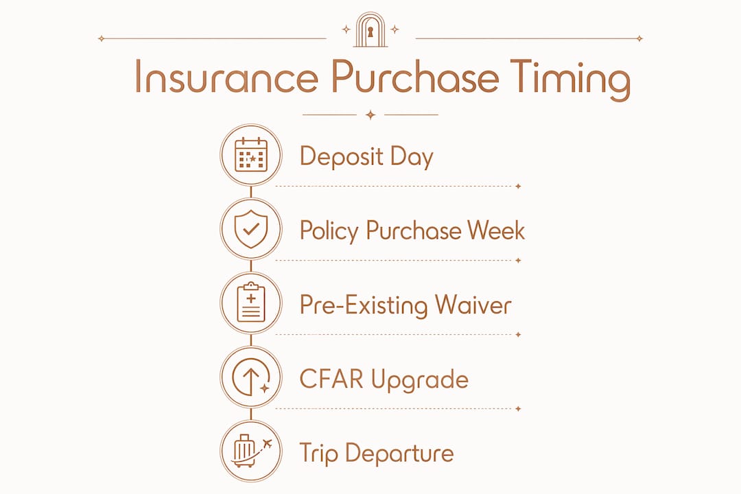 Infographic illustrating luxury cruise insurance purchase timing steps