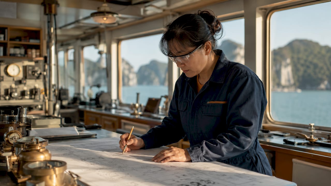 Engineer reviewing blueprints inside floating hotel