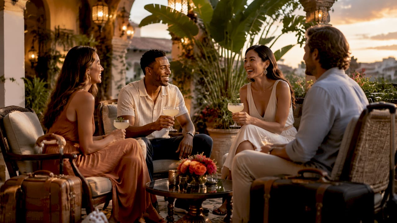 Group enjoying luxury hotel lounge conversation