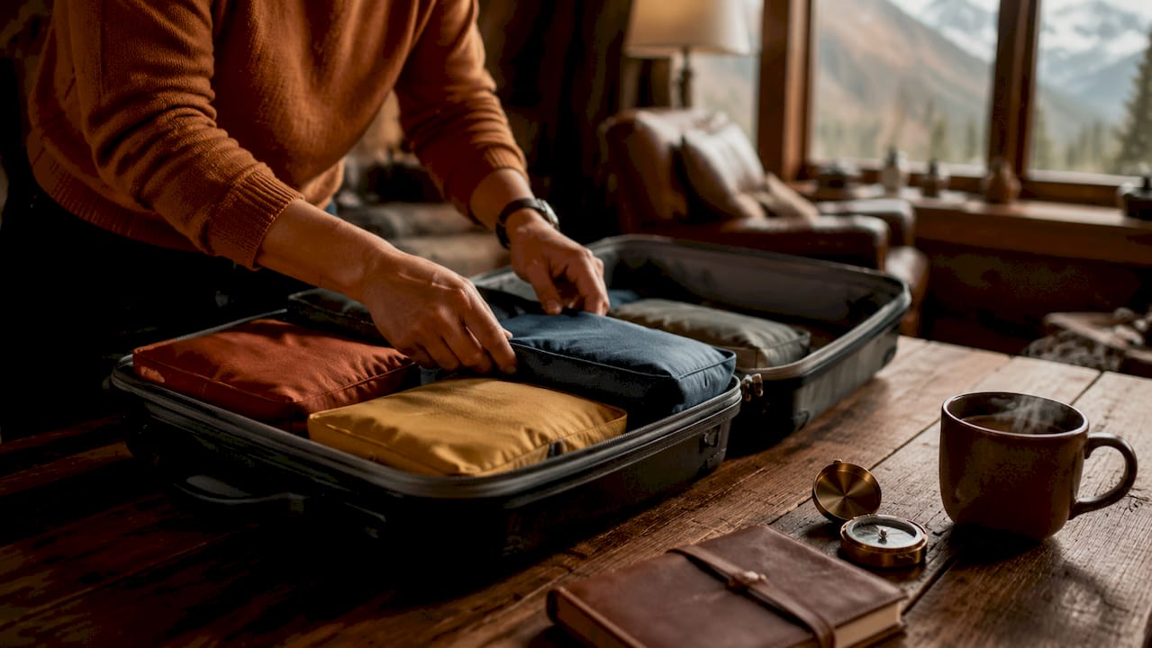 Hands organizing packing cubes in suitcase