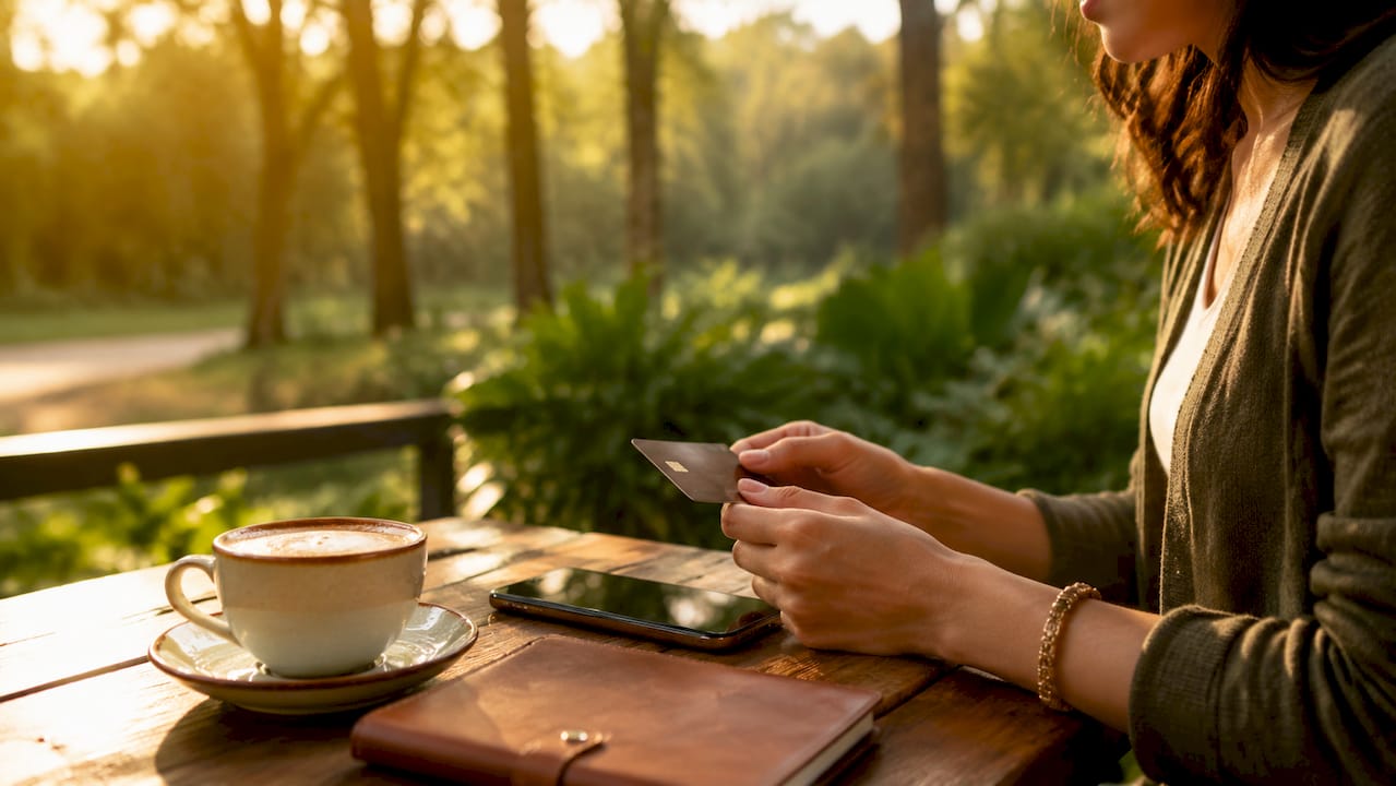 Hands using travel app with credit card outdoors
