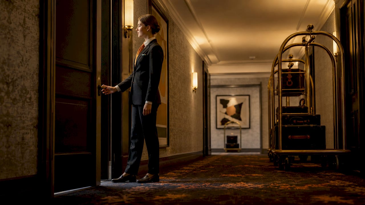 Hotel corridor with concierge opening staff suite door