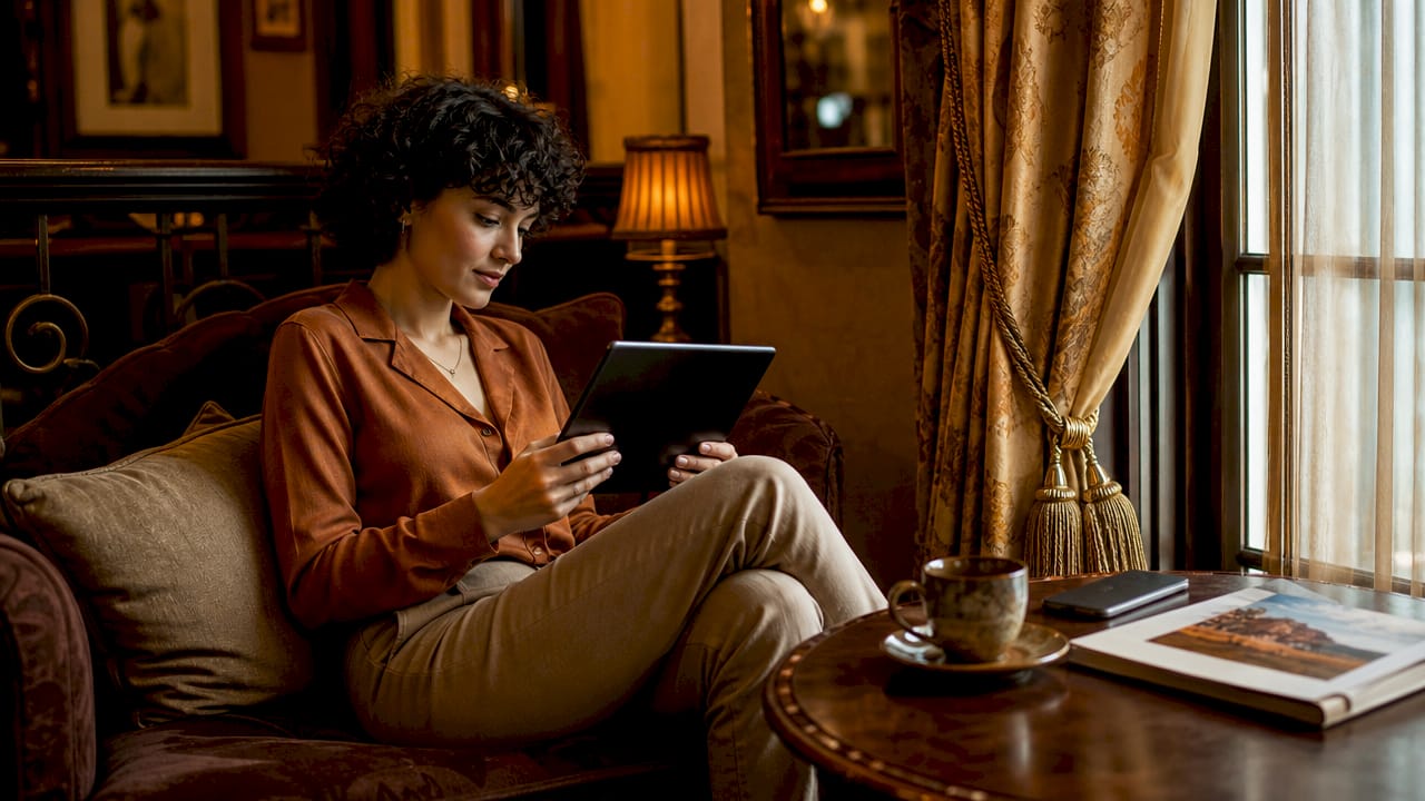 Woman booking luxury transfer using tablet at cafe