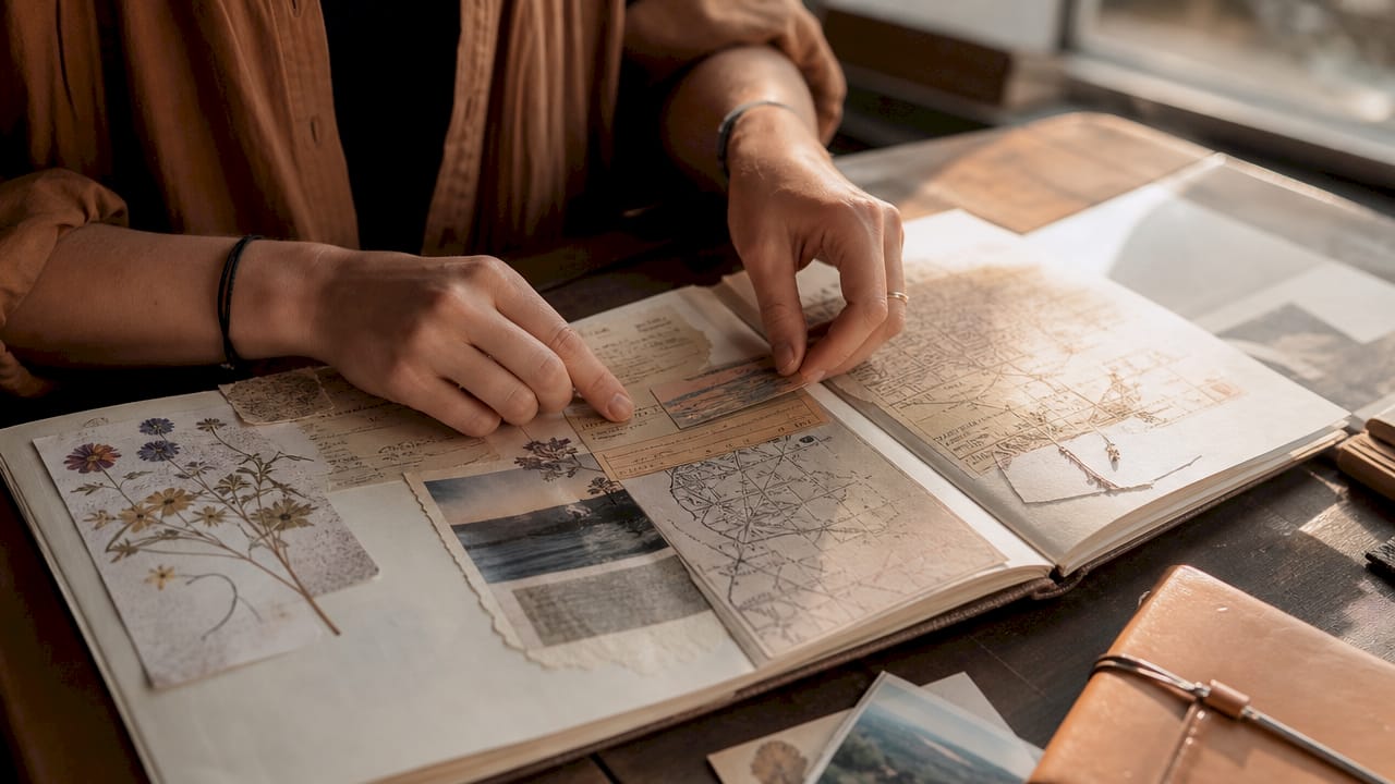 Hand adding ticket to physical travel scrapbook