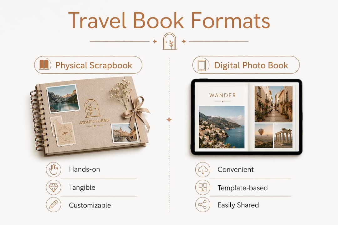 Infographic contrasting physical and digital travel memory books