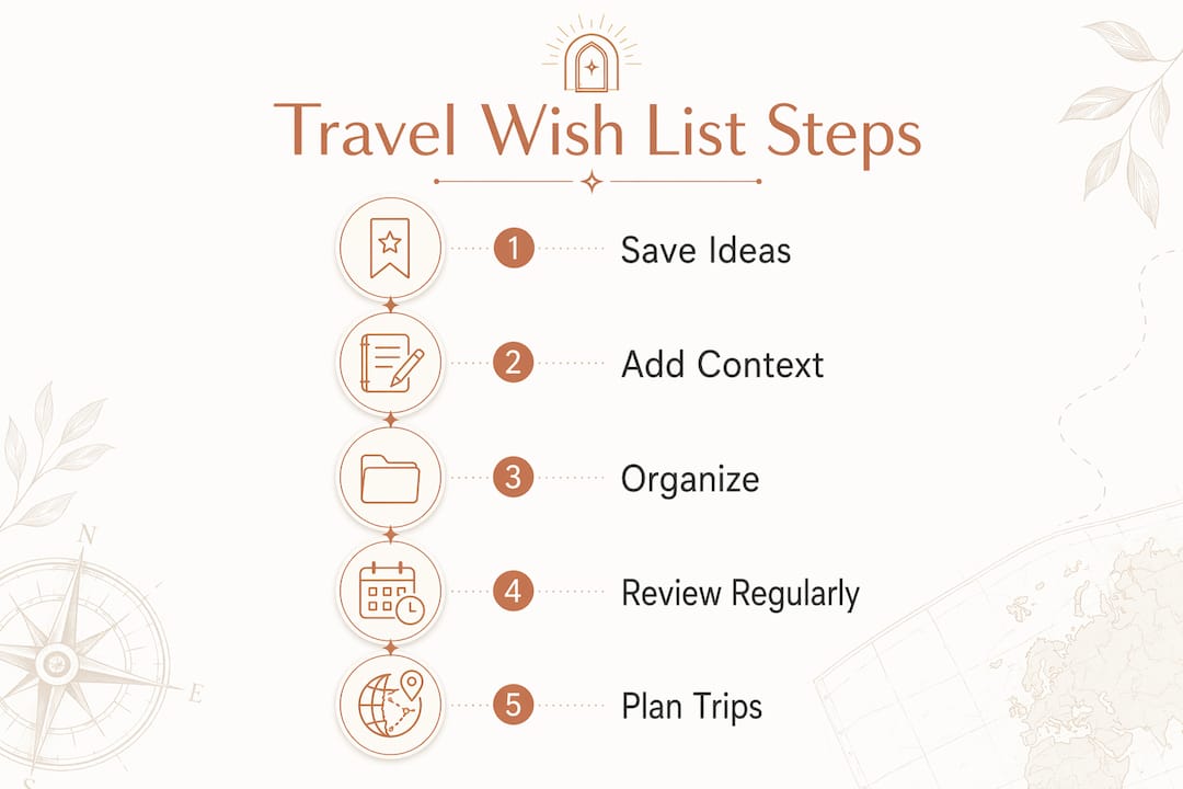 Infographic illustrating steps of using a travel wish list