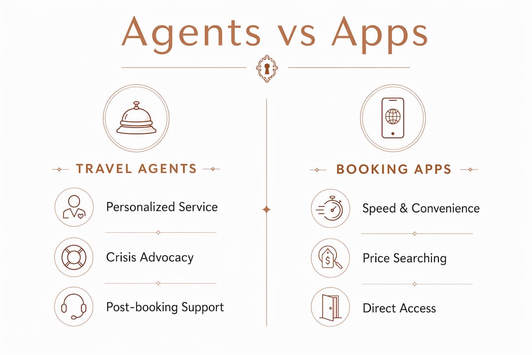 Infographic comparing travel agents and booking apps benefits