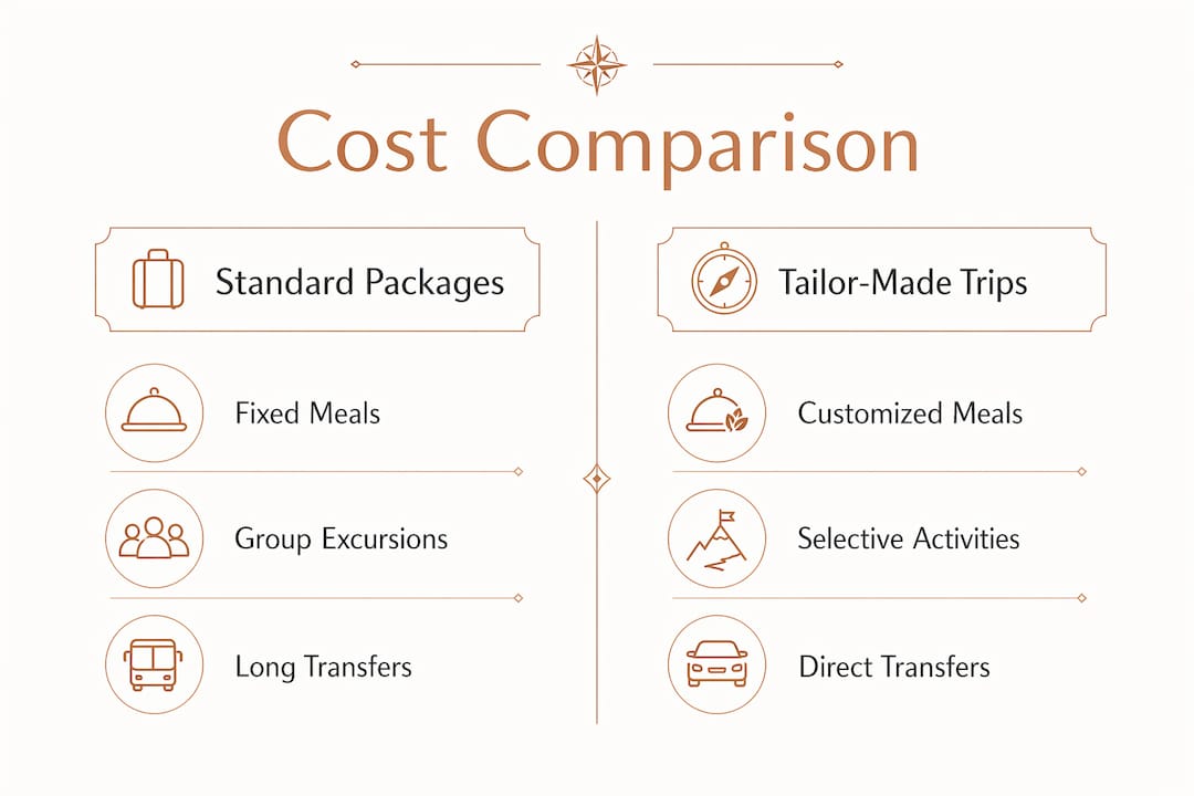 Infographic comparing cost factors in package vs tailor-made travel