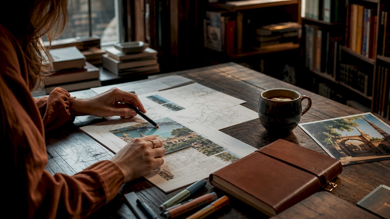 Hands pointing at bespoke itinerary during consultation