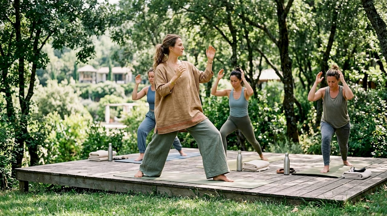 Wellness coach leading yoga at mountain spa