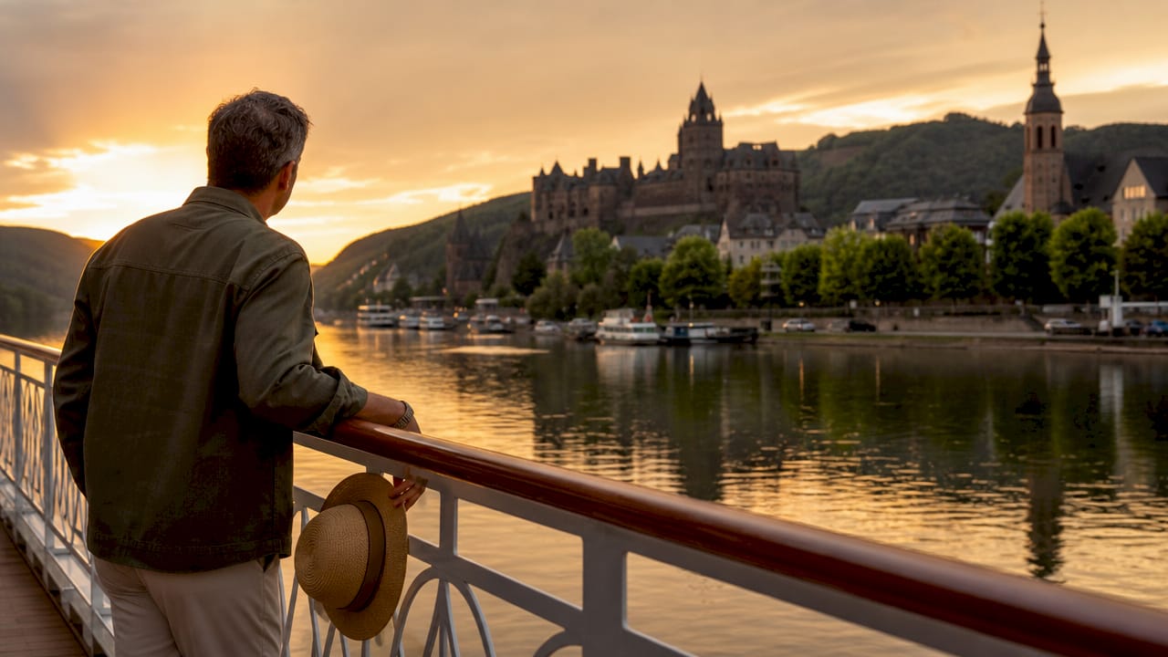Traveler viewing castles along Rhine river cruise