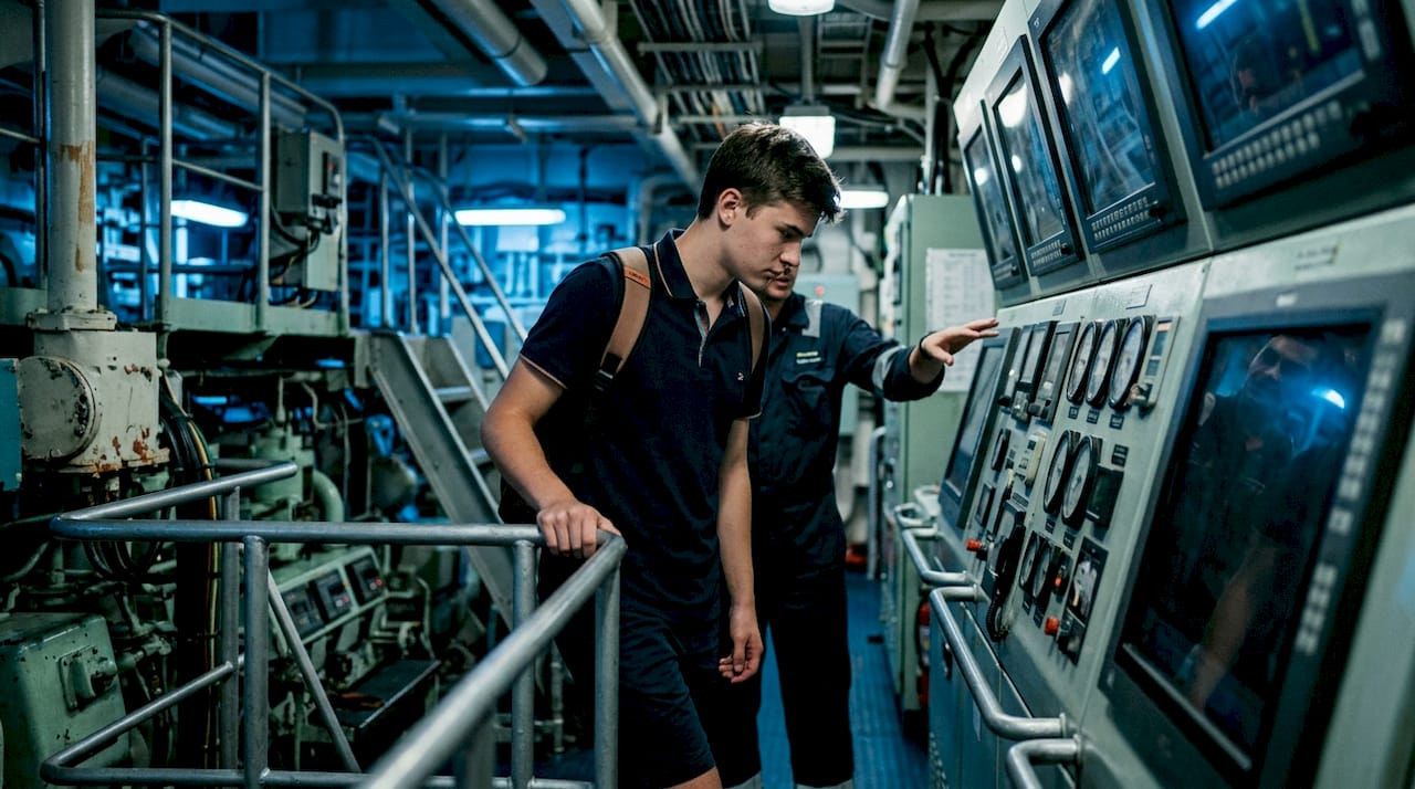 Traveler observing cruise ship control room machinery