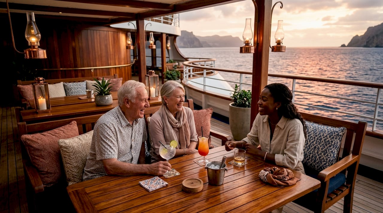 Guests socializing on small luxury cruise ship deck