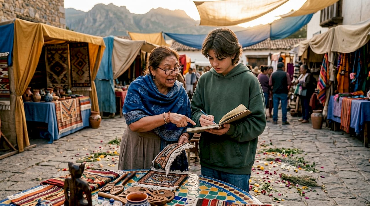 Grandmother and grandchild exploring village crafts