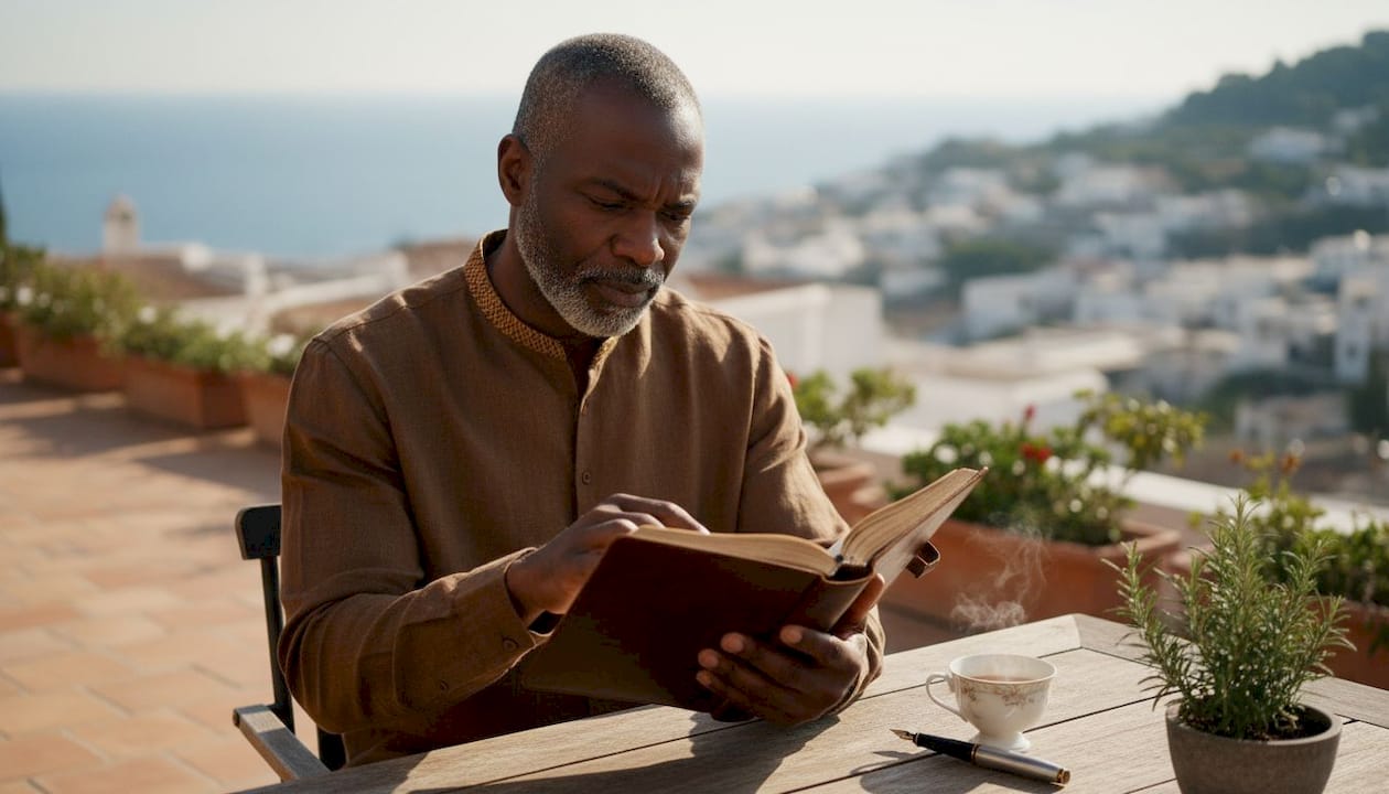Traveler holding travel journal on terrace table
