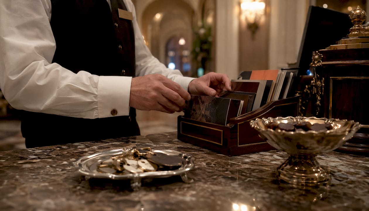 Concierge organizing luxury travel guest folders